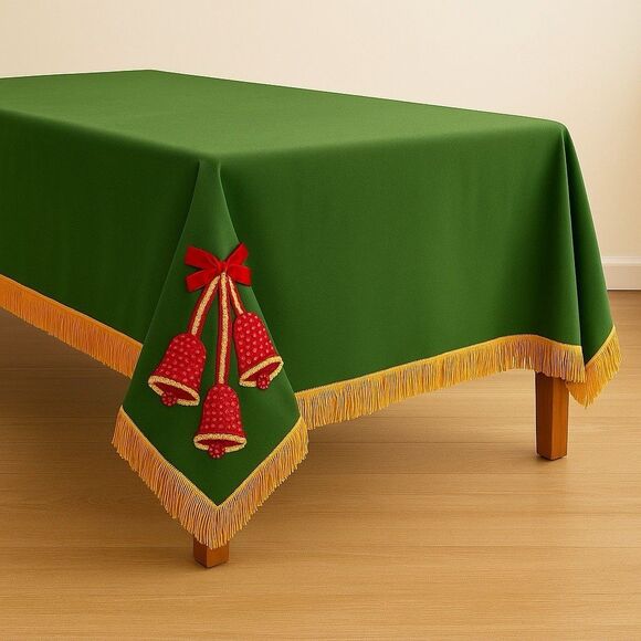 Vintage Midcentury Christmas Tablecloth Green Red Sequin Bells Gold Fringe Xmas - Picture 2 of 6